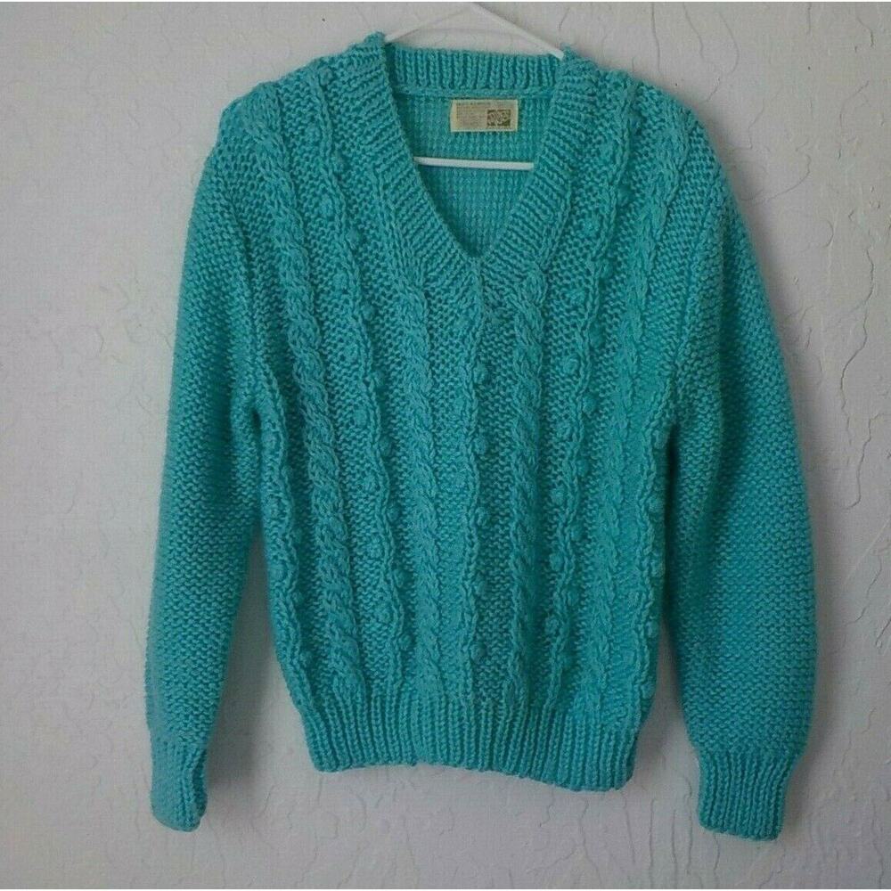 Vintage SEARS Blue Teal Cable Knit Sweater Women Medium V-Neck Acrylic Korea